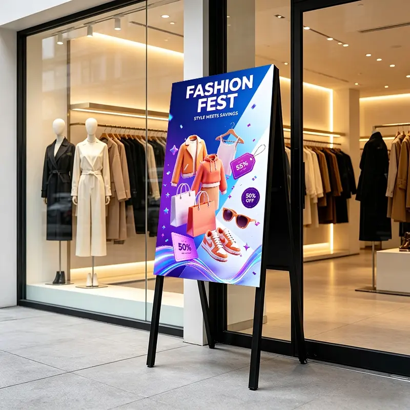 LED outdoor poster display in retail clothing store window showing sale promotion