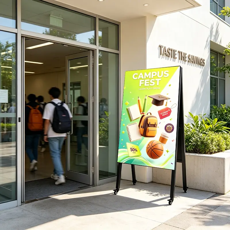 LED outdoor digital notice board at school campus entrance showing announcements