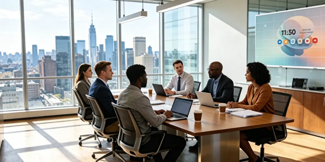 Corporate boardroom meeting with Riotouch COB all-in-one LED display for executive meetings