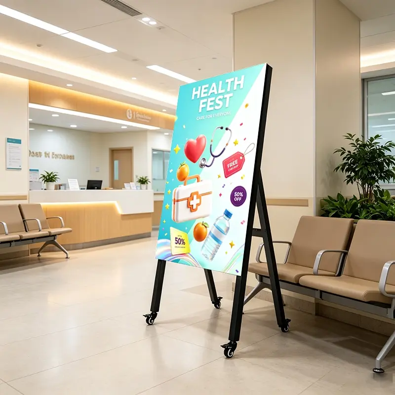 LED digital information poster display in hospital lobby waiting area