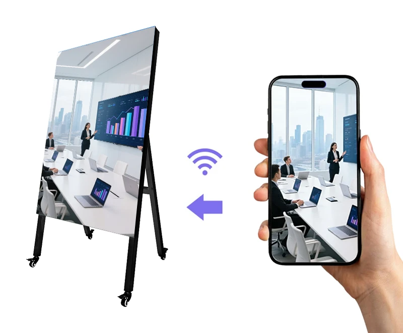 Smartphone showing Riotouch APP wireless control interface syncing content to outdoor LED poster display