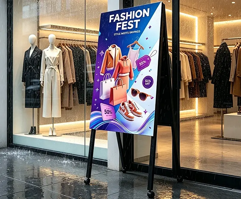 Outdoor LED poster display working in heavy rain showing IP65 full machine weatherproof protection