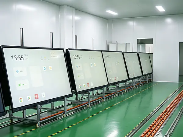 Multiple outdoor LED poster displays undergoing 72-hour continuous burn-in aging test in factory