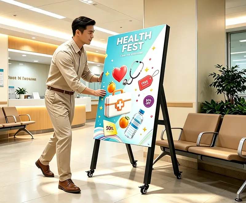 Single person easily moving 24kg portable LED poster display with silent casters in retail environment