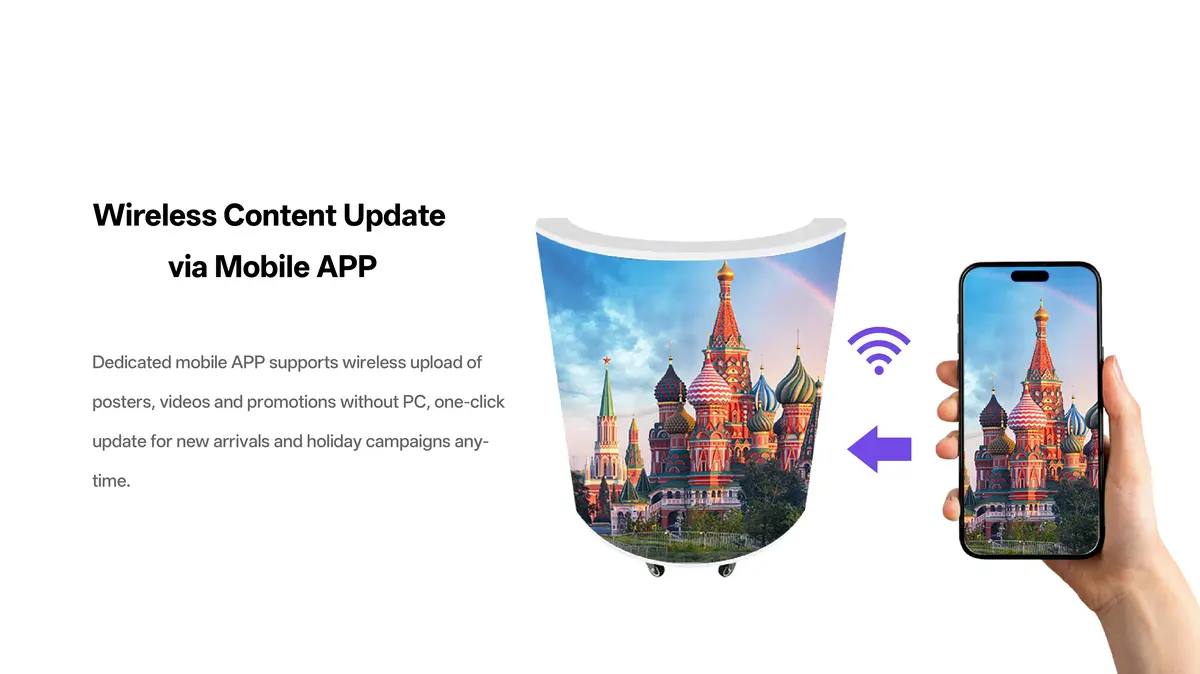 Mobile APP wireless content management for LED front desk curved reception display